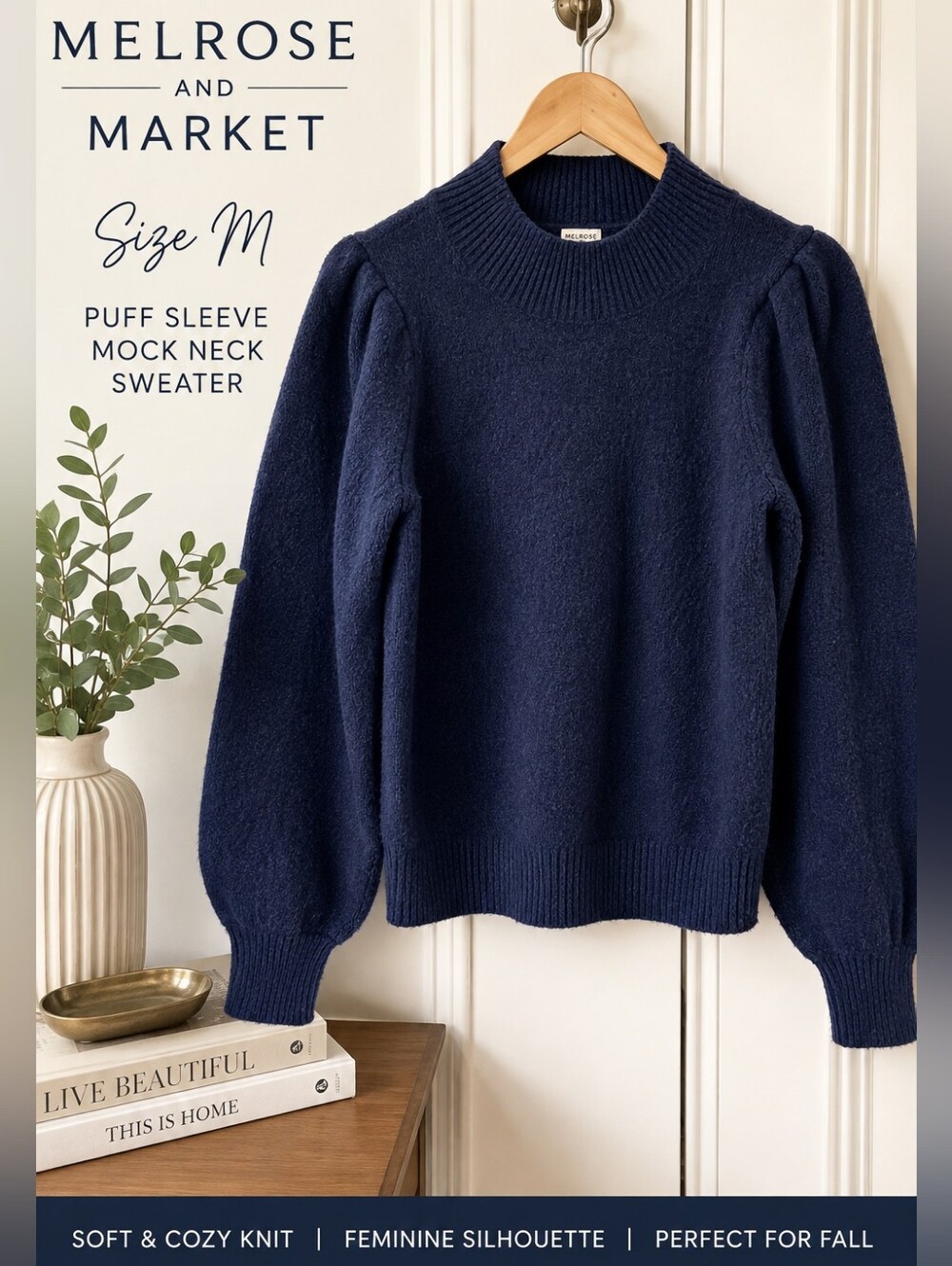 Melrose and Market Navy Puff Sleeve Mock Neck Sweater M